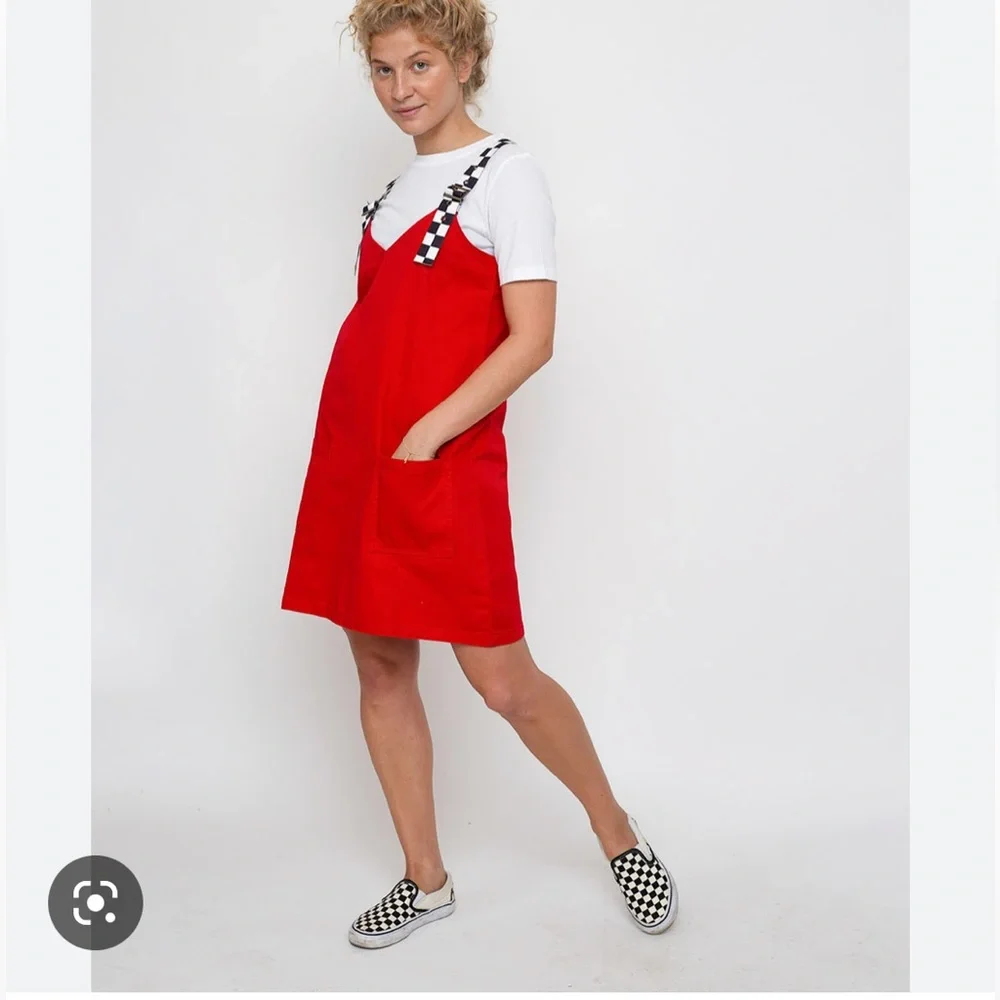 Lazy Oaf Checkered Buckle-Strap Pinafore Red Mini Dress - Picture 3 of 15